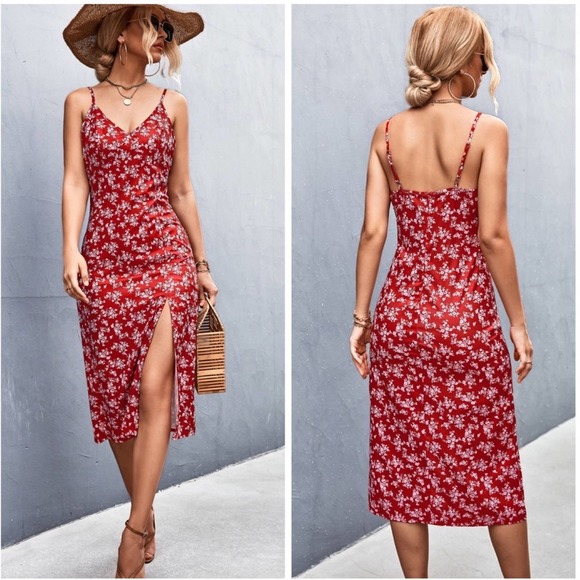 Boutique Dresses & Skirts - Red Floral Split Leg Midi Dress